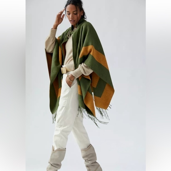 Anthropologie Jackets & Blazers - New ANTHROPOLOGIE GREEN SWEATER PONCHO FUNNEL NECK LEATHER TRIM FRINGE CAPE